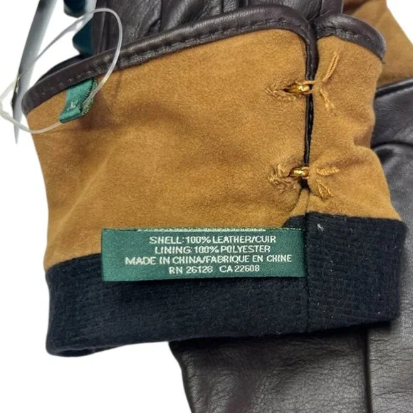 Lauren Ralph Lauren Leather Gloves Suede Cuff XL Brown Gold‎ Button NWT - Picture 4 of 6